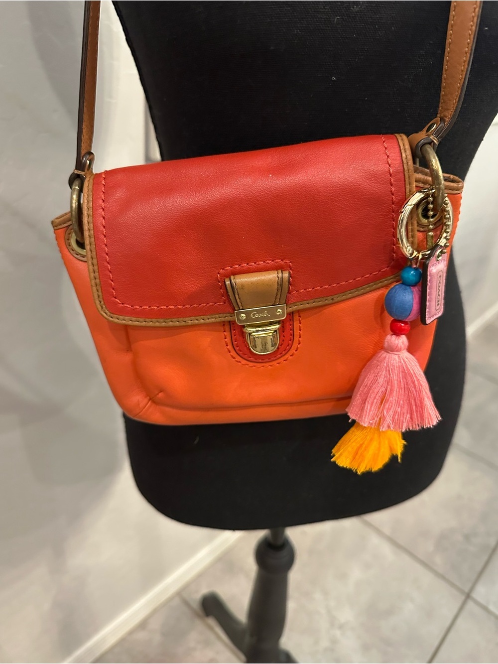 Coach Colorblock FlapTwo-Tone Red and Orange Leather Crossbody